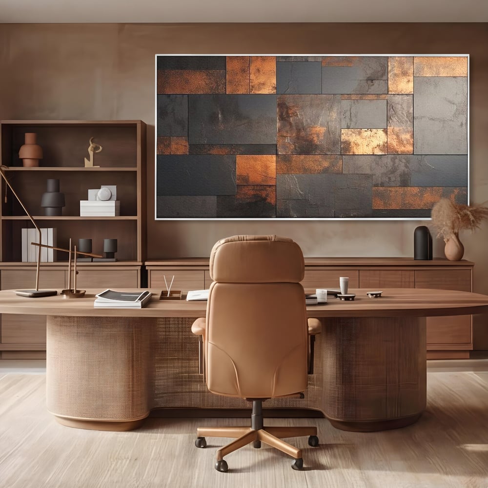 Tablou canvas cu tablou canvas cu placi geometrice metalice, in rama de aluminiu argintiu, pe perete intr-un birou